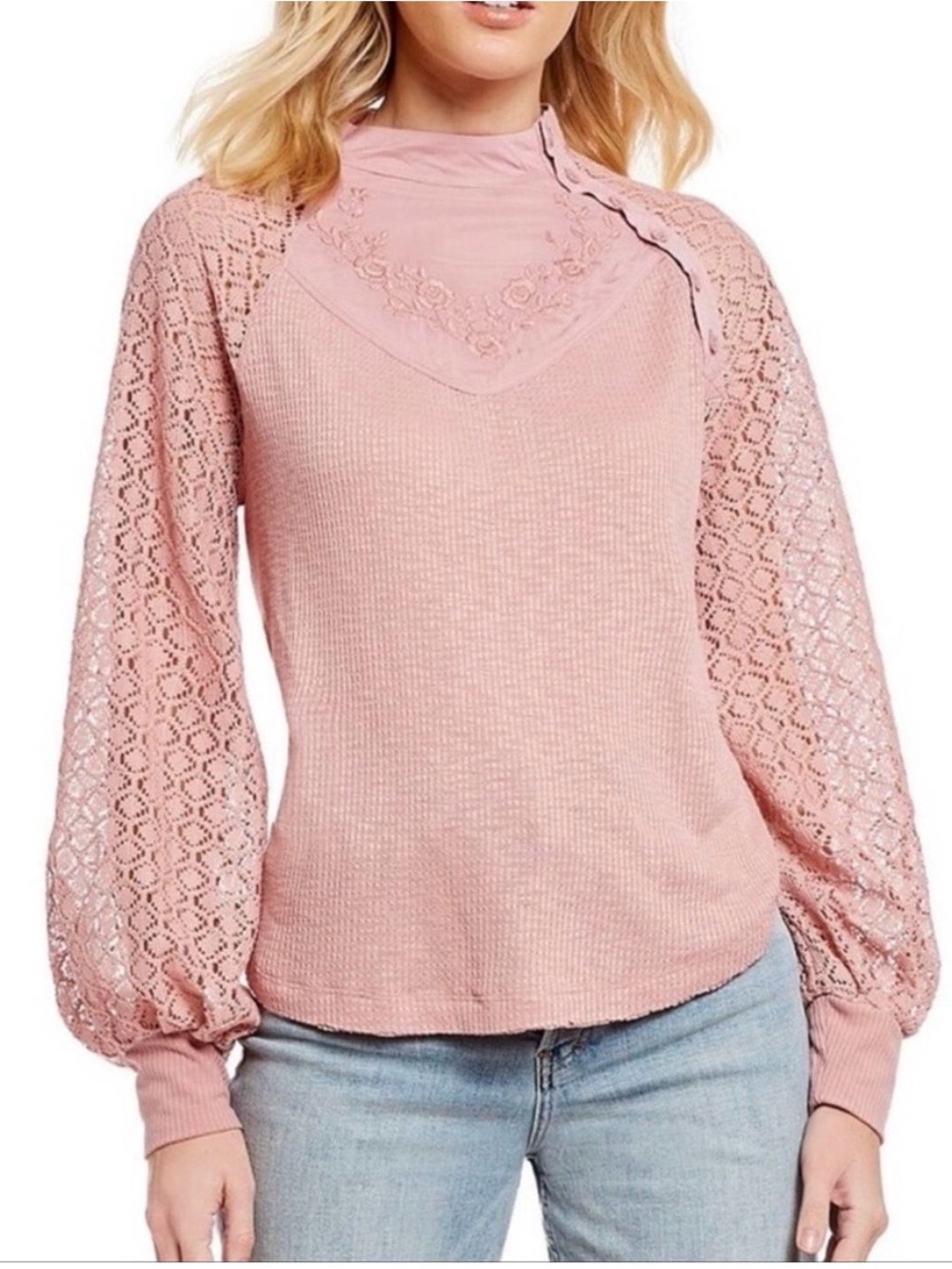 Free People lace sleeve thermal top in bliss blush